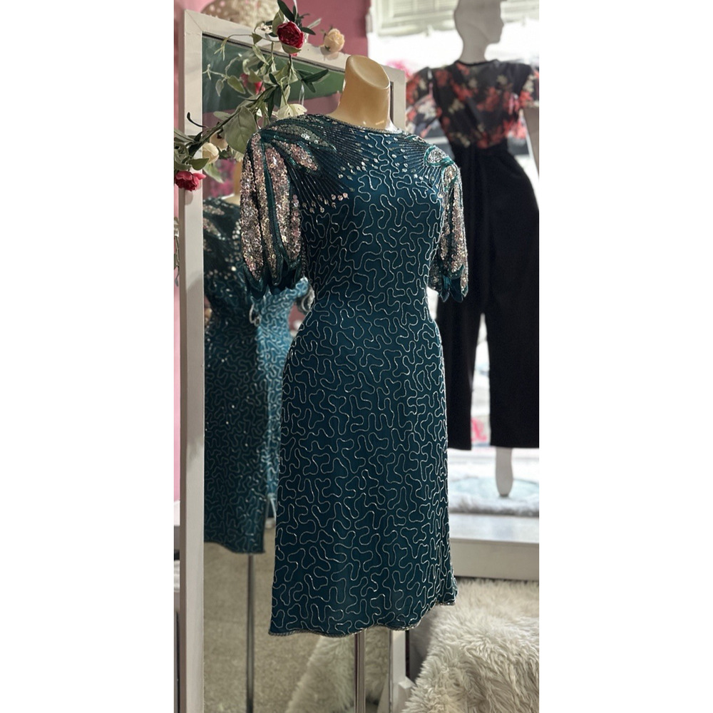Vintage 80s Beaded Mini Dress Green Silver Open Back Cocktail Evening S/M - Picture 4 of 9